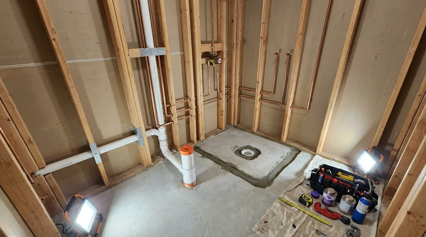 Bathroom rough-in plumbing during remodel by Johns Plumbing LLC in Allentown