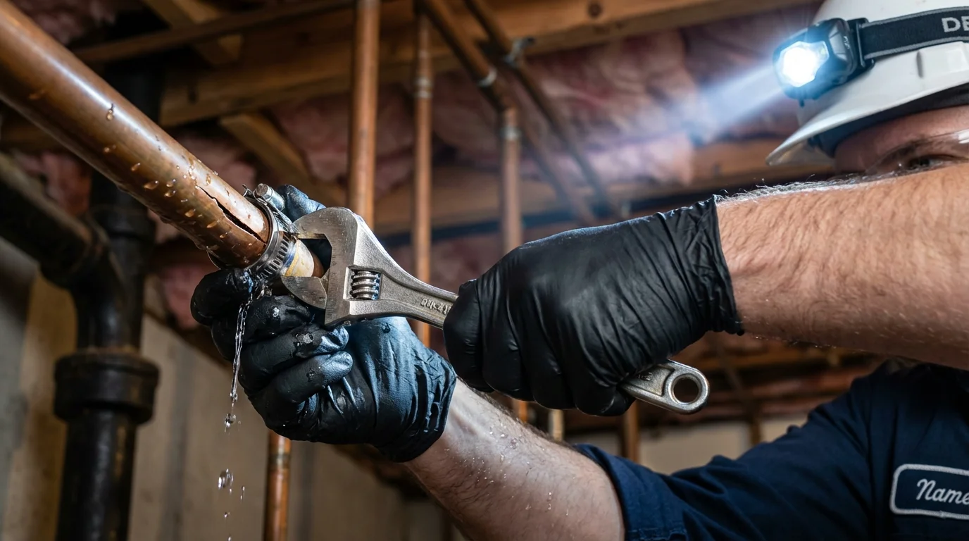 Emergency pipe clamp repair being performed by a Johns Plumbing LLC plumber in Allentown